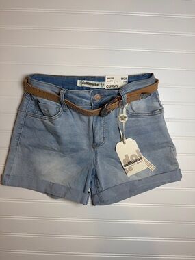 Dollhouse Light Blue Denim Curvy Shorts with Brown Stud Belt